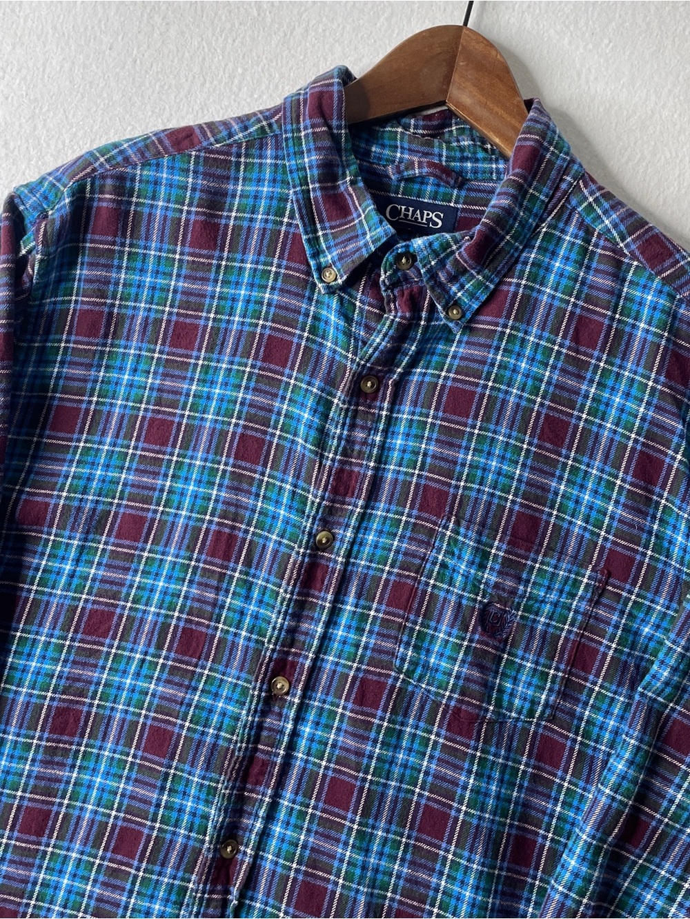 Chaps Ralph Lauren Flannel Shirt Men's XL Blue Plaid Cotton Preppy Cabin 90s